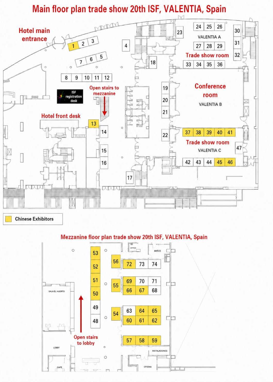 ISF 2026 booth map showing Chinese exhibitors on the Main Floor and Mezzanine Floor